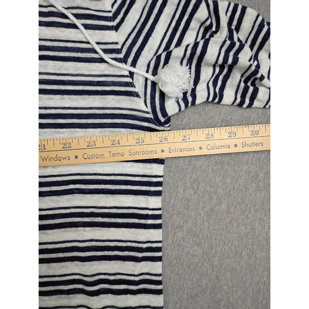Tahari Women XL Blue White Striped 100% Linen Hoodie V-Neck Tassel Drawstring - Picture 6 of 7